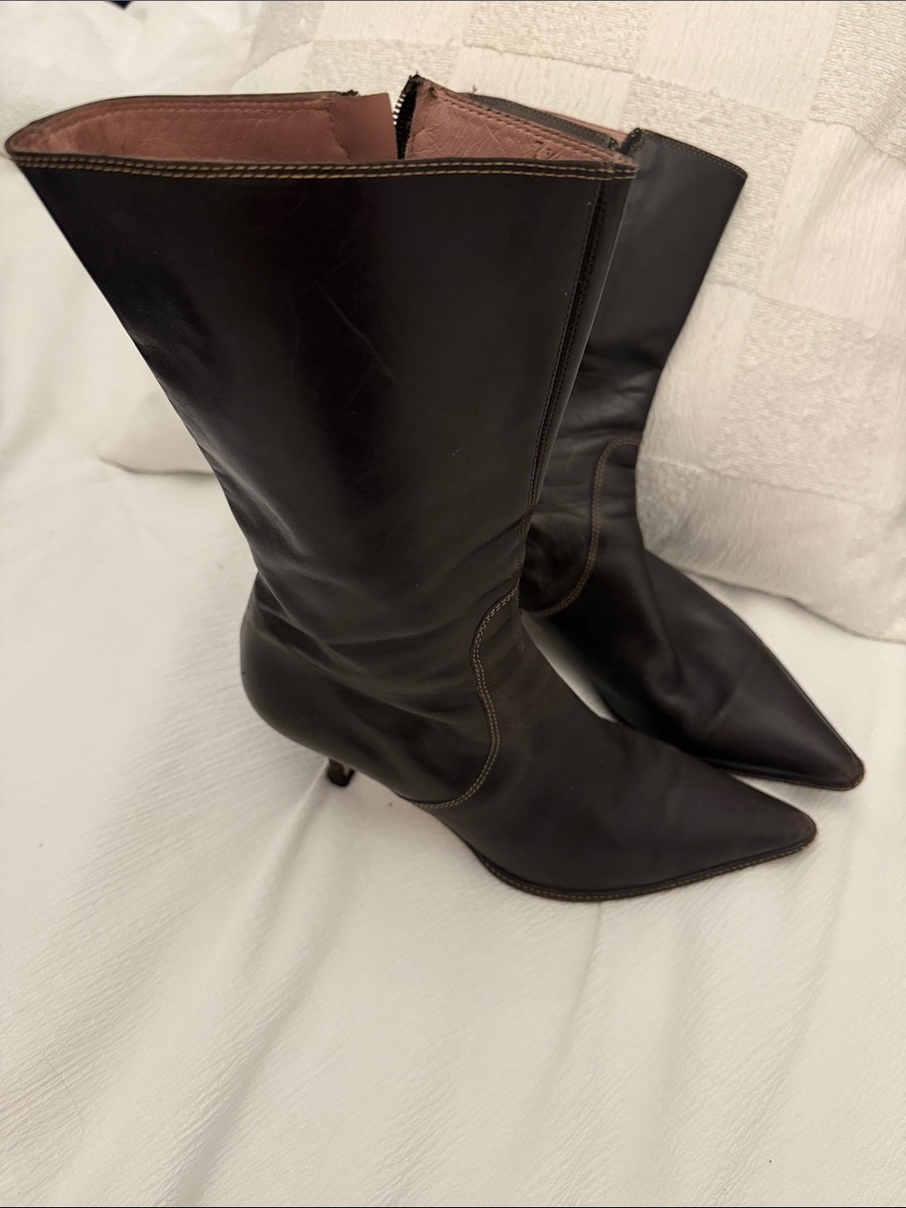 Coach Brown Pointed-Toe Mid-Calf Heeled Boots with Contrast Stitching